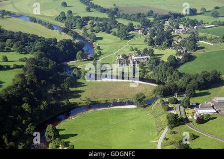 aerial view of Bolton Abbey in Wharfedale near Skipton, sometimes know as Bolton Priory, UK Stock Photo