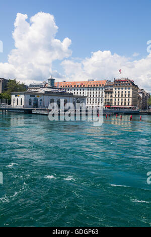 Fast flowing water as Lake Geneva drains into the River Rhone Stock Photo