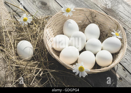eggs in a wicker basket Stock Photo