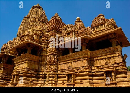 Close up of Devi Jagadambi temple Hindu temple against blue sky - Khajuraho Madhya Pradesh, India Stock Photo
