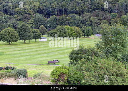 View of Llandysul playing fields in Ceredigion, Wales.  Freshly mowed playing field with stripes. Stock Photo