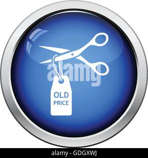 Scissors cut old price tag icon. Glossy button design. Vector illustration. Stock Vector