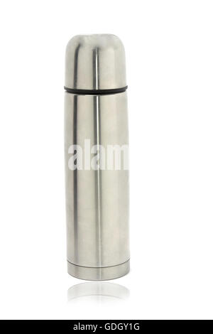 stainless steel thermos on a white background Stock Photo