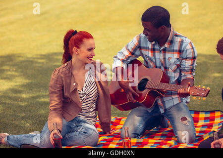 Happy couple on picnic Stock Photo