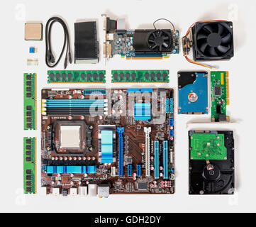 flat lay of disassembled pc computer, laptop, concept of repair and assembly, close up Stock Photo