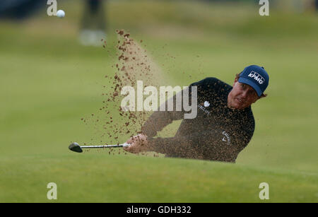 USA's Phil Mickelson chips out of a bunker on the 18th during day three of The Open Championship 2016 at Royal Troon Golf Club, South Ayrshire. Stock Photo