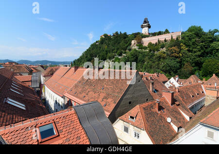 Graz: View from the roof of the department store Kastner & Ohler on old town and the Schlossberg with the clock tower, Austria, Stock Photo