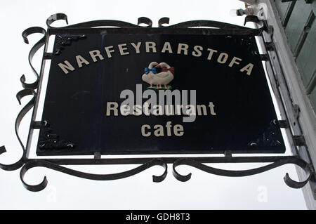 Iceland: the wrought iron sign of Narfeyrarstofa, a restaurant near the harbour in the fishing town of Stykkisholmur Stock Photo