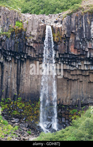 Iceland: view of Svartifoss, the Black Fall, a waterfall in Skaftafell surrounded by dark lava columns Stock Photo