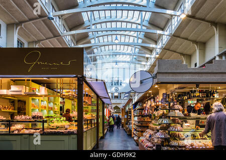 Germany, Stuttgart, Markthalle. Historic Old market hall interior with stalls selling fresh food and delicacies Stock Photo