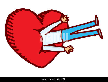 Cartoon illustration of a man in love with his head in a big heart Stock Photo