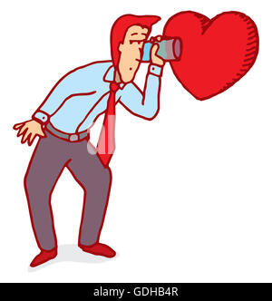 Cartoon illustration of man listening closely his heart Stock Photo