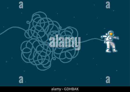 Cartoon illustration of astronaut with tangled line floating in space Stock Photo