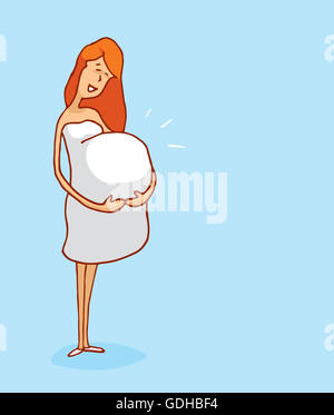 Cartoon illustration of pregnant woman or mother holding her belly Stock Photo