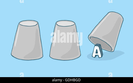 Cartoon illustration of education or letter hiding under cups game Stock Photo