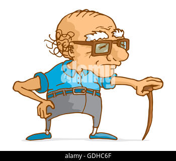 Cartoon illustration of senior man leaning on wood cane Stock Photo