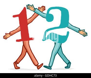 Cartoon illustration of number one friendly hugging number two Stock Photo