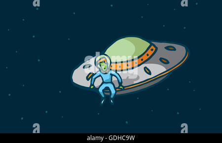 Cartoon illustration of a pensive alien sitting in his spaceship looking down Stock Photo