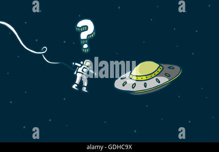 Cartoon illustration of a funny encounter between astronaut and alien spaceship Stock Photo