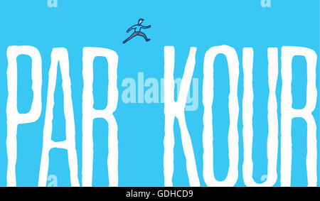 Cartoon illustration of man jumping over gap of parkour word Stock Photo