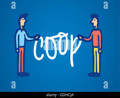 Cartoon illustration of two man holding coop or cooperation word Stock Photo