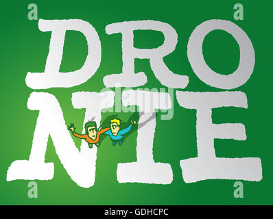 Cartoon illustration of two friends hugging while taking a dronie or photograph from air drone Stock Photo