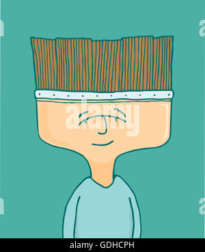 Cartoon illustration of funny artist obsessed on painting with brush head Stock Photo