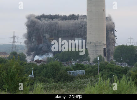 Didcot, Oxfordshire, UK. 17th July, 2016. Families of  three missing men who where buried  when part of the 10-storey building came down as it was being prepared for demolition on 23 February  watched on as the remains of the Boiler house  was blown to the ground just after 6am this morning.      Gail Cresswell Wife of the late Ken Cresswell has always said Tthat this isn’t no resting place for her husband and until he is recovered and brought back home to where they belong I will  not let the matter rest. Credit:  uknip/Alamy Live News Stock Photo