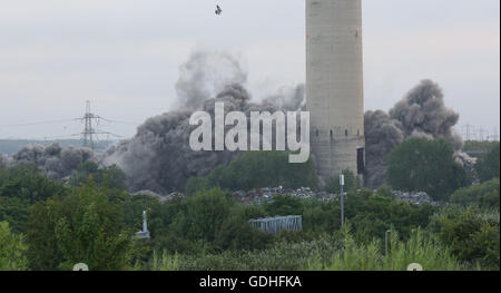 Didcot, Oxfordshire, UK. 17th July, 2016. Families of  three missing men who where buried  when part of the 10-storey building came down as it was being prepared for demolition on 23 February  watched on as the remains of the Boiler house  was blown to the ground just after 6am this morning.      Gail Cresswell Wife of the late Ken Cresswell has always said Tthat this isn’t no resting place for her husband and until he is recovered and brought back home to where they belong I will  not let the matter rest. Credit:  uknip/Alamy Live News Stock Photo