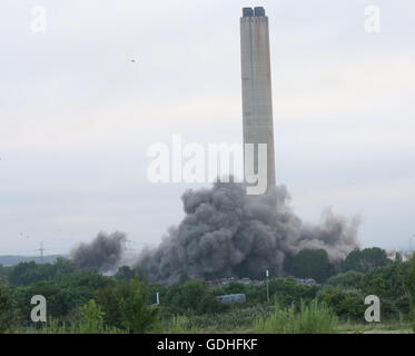 Didcot, Oxfordshire, UK. 17th July, 2016. Families of  three missing men who where buried  when part of the 10-storey building came down as it was being prepared for demolition on 23 February  watched on as the remains of the Boiler house  was blown to the ground just after 6am this morning.      Gail Cresswell Wife of the late Ken Cresswell has always said Tthat this isn’t no resting place for her husband and until he is recovered and brought back home to where they belong I will  not let the matter rest. Credit:  uknip/Alamy Live News Stock Photo