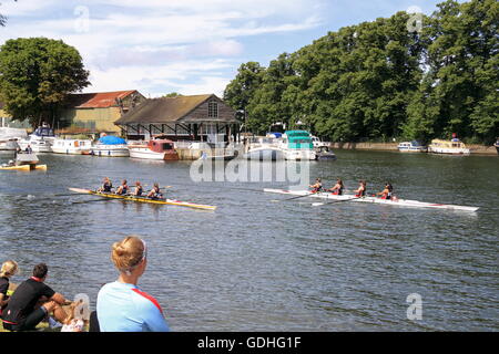 Wolfson College Oxford (left) and Lady Eleanor Holles School W.IM3.4+ HEAT. Molesey Amateur Regatta, 16th July 2016, River Thames, Hurst Park Riverside, East Molesey, near Hampton Court, Surrey, England, Great Britain, United Kingdom, UK, Europe. Annual amateur rowing competition and social event established in 1867. Credit:  Ian Bottle/Alamy Live News Stock Photo