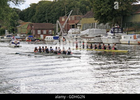 Weybridge Rowing Club (left) and Twickenham Rowing Club Mx.MasA.8+ FINAL. Molesey Amateur Regatta, 16th July 2016, River Thames, Hurst Park Riverside, East Molesey, near Hampton Court, Surrey, England, Great Britain, United Kingdom, UK, Europe. Annual amateur rowing competition and social event established in 1867. Credit:  Ian Bottle/Alamy Live News Stock Photo