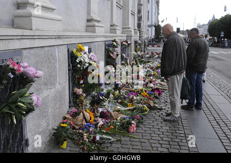 Copenhagen, Denmark. 17th July, 2016. European Union and French flags at half-mast at the French Embassy.  People pay tribute to the terrorist victims in Nice, France with flowers. Credit:  Francis Joseph Dean/Dean Pictures/Alamy Live News Stock Photo