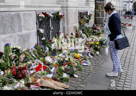 Copenhagen, Denmark. 17th July, 2016. European Union and French flags at half-mast at the French Embassy.  People pay tribute to the terrorist victims in Nice, France with flowers. Credit:  Francis Joseph Dean/Dean Pictures/Alamy Live News Stock Photo