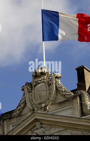 Copenhagen, Denmark. 17th July, 2016. European Union and French flags at half-mast at the French Embassy.  People pay tribute to the terrorist victims in Nice, France with flowers. Credit:  Francis Joseph Dean/Dean Pictures/Alamy Live News Stock Photo