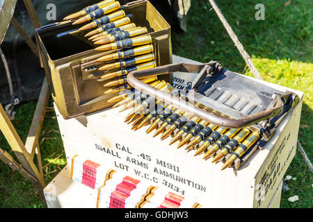 Bullets ammunition .45 cal caliber rounds small arms ammunition boxes for war killing people devastation of lives murder death ammo Stock Photo