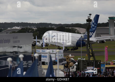 Farnborough,UK,17th July 2016,Airbus A380 comes in to land at the Farnborough International Airshow 201 Credit: Keith Larby/Alamy Live News Stock Photo
