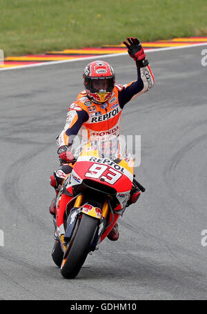 Spanish MotoGP rider Marc Marquez from Repsol Honda Team celebrates his victory in the motor bike world championship in the Grand Prix Germany, 17 July 2016, Hohenstein-Ernstthal, Germany. Photo: Jan Woitas/dpa Stock Photo