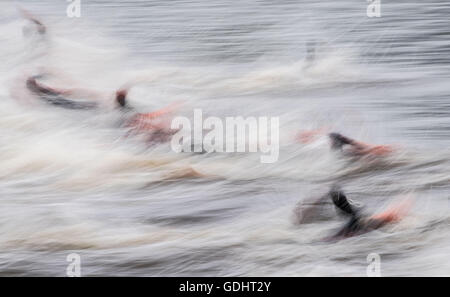 Hamburg, Germany. 16th July, 2016. Triathletes swimming in the 7th station of the men's triathlon at the World Triathlon Series in Hamburg, Germany, 16 July 2016. Photo: LUKAS SCHULZE/dpa/Alamy Live News Stock Photo