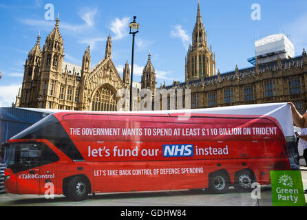 London, UK. 18th July, 2016. The Green Party spoof Vote Leave's battle bus outside Parliament for their anti-trident campaign. Zak Bond/Alamy Live News, Stock Photo