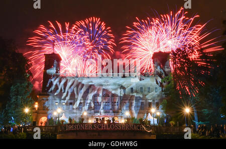Dresden, Germany. 16th July, 2016. Fireworks can be seen at the illuminated Schloss Albrechtsberg during the 8th Schloessernacht (lt. Castle Night) in Dresden, Germany, 16 July 2016. Photo: Britta Pedersen/dpa/Alamy Live News Stock Photo