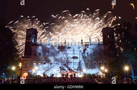 Dresden, Germany. 16th July, 2016. Fireworks can be seen at the illuminated Schloss Albrechtsberg during the 8th Schloessernacht (lt. Castle Night) in Dresden, Germany, 16 July 2016. Photo: Britta Pedersen/dpa/Alamy Live News Stock Photo