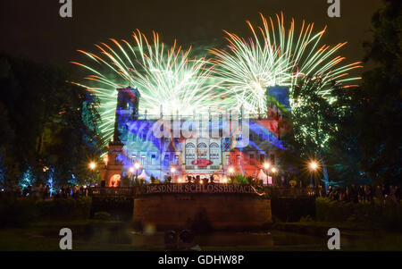 Dresden, Germany. 16th July, 2016. Fireworks can be seen at the illuminated Schloss Albrechtsberg during the 8th Schloessernacht (lt. Castle Night) in Dresden, Germany, 16 July 2016. Photo: Britta Pedersen/dpa/Alamy Live News Stock Photo