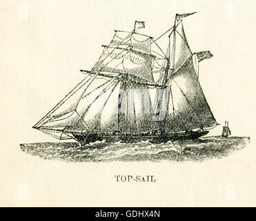 The vessel pictured in this 19th-century drawing is a schooner, specifically a top-sail. Stock Photo