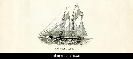 The vessel pictured in this 19th-century drawing is a schooner, specifically a fore-and-aft. Stock Photo