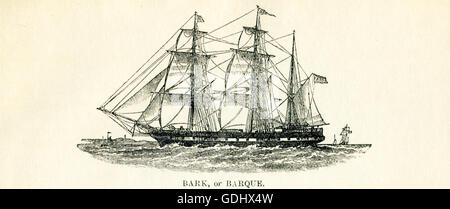 The vessel pictured in this 19th-century drawing is a bark (also spelled barque). Stock Photo