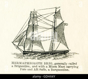 The vessel pictured in this 19th-century drawing is a hermaphrodite brig. Stock Photo