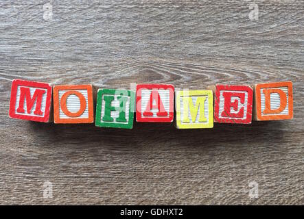 Mohamed name written with wood block letter toys Stock Photo