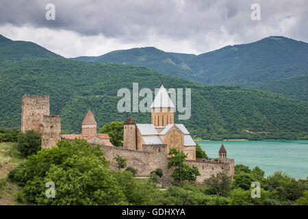 Old monastery by the Lake Ananuri in Georgia Stock Photo