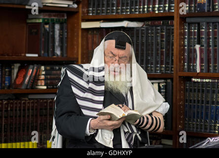 A religious Jewish man prays on the grounds of the Ohel in Cambria Heights, Queens, NY, where the Lubavitcher Rebbe is buried. Stock Photo